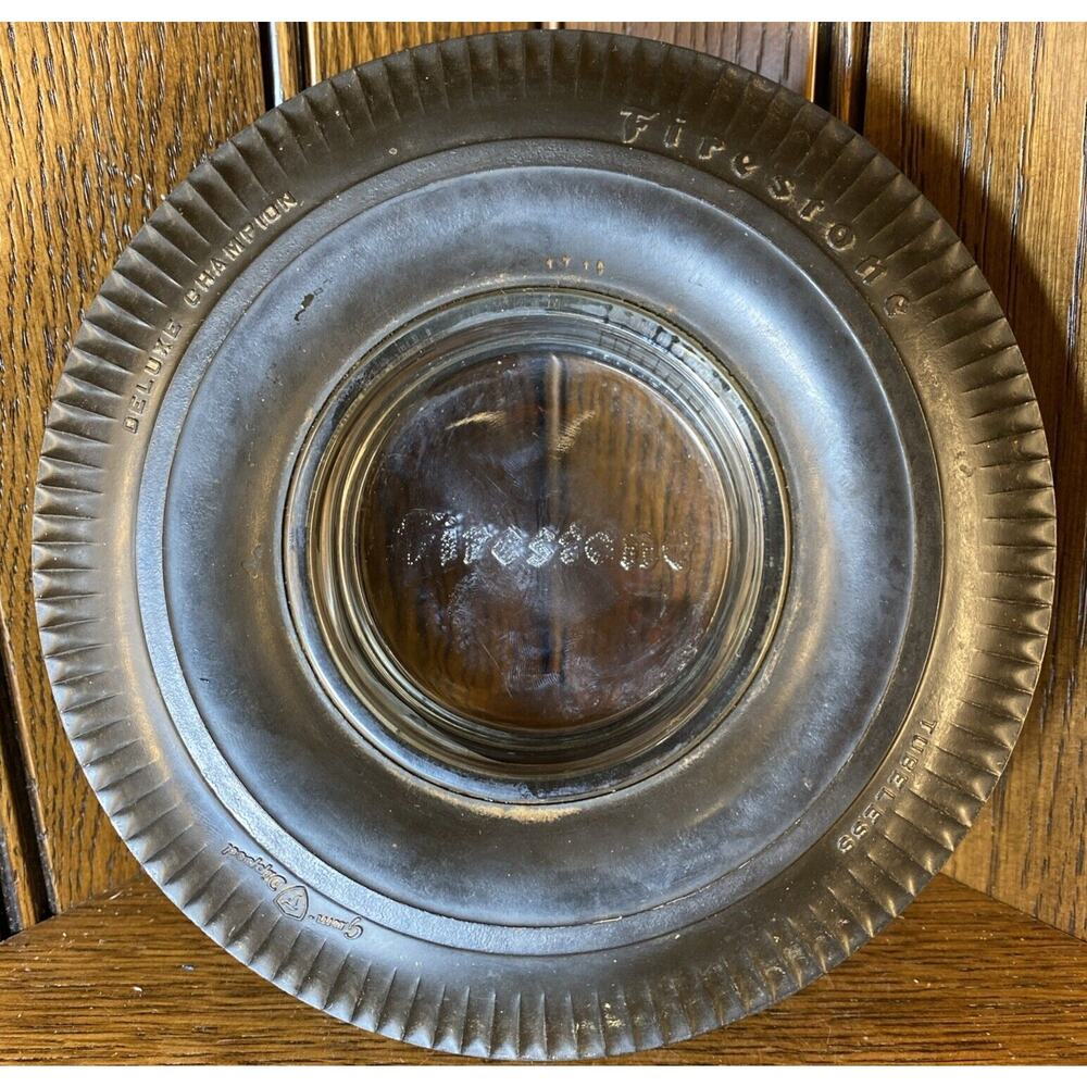 Vintage Original 1950's Firestone Deluxe Champion Tire Smoking Glass Ashtray AD
